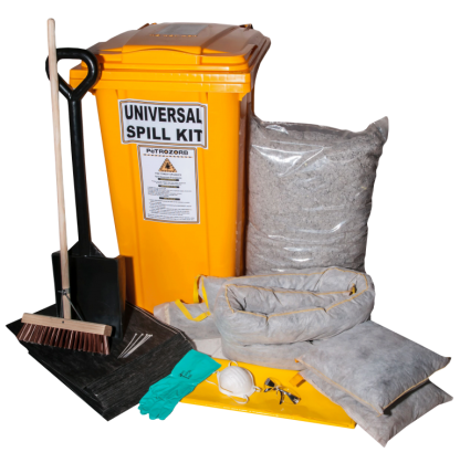 universal spill kit surrounded by items mentioned